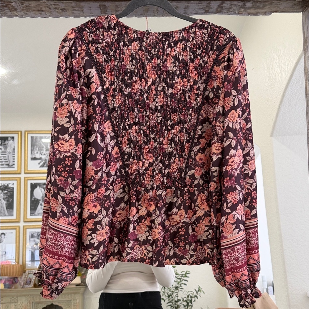Crimson Peplum Floral V-Neck Blouse with Smocking- Burgundy and Peach - Picture 6 of 6